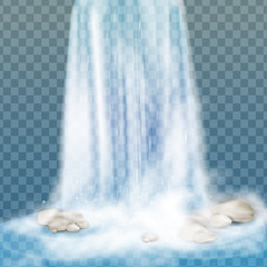 Realistic vector waterfall with clear water and bubbles. Natural element for design landscape images. Isolated on transparent background.