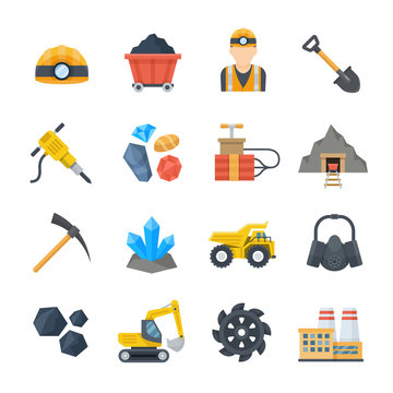 Mining and quarrying vector icons in flat style