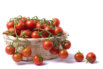 Cherry tomato on basket isolated on white background