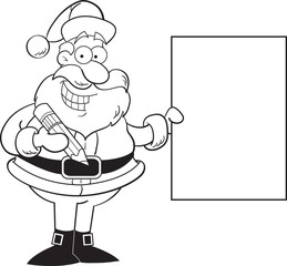 Black and white illustration of Santa Claus holding a sign.