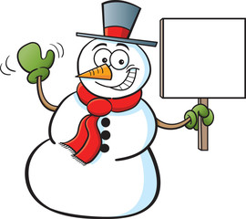 Cartoon illustration of a snowman holding a sign.