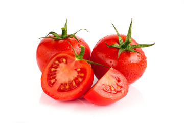 Tomatoes are red on a white background