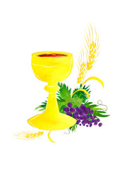 Eucharist - first Communion abstract artistic digital illustration with chalice and host, bread and wine, grapes and wheat ears. Made without reference image.