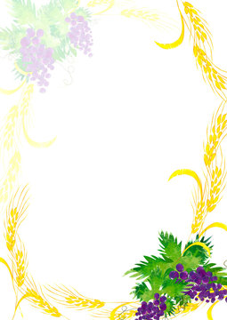 Eucharist - first Communion abstract artistic digital illustration frame with copy space for text, with bread and wine, grapes and wheat ears. Made without reference image.