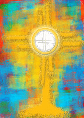 Eucharistic monstrance for adoration of the Blessed Sacrament of the Altar. Abstract artistic modern background illustration - obrazy, fototapety, plakaty