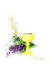 Eucharist - first Communion abstract artistic digital illustration with chalice and host, bread and wine, grapes and wheat ears. Made without reference image.