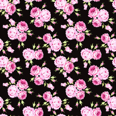 Seamless floral pattern with pink roses and leaves on black background