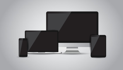 Realistic device flat Icons: smartphone, tablet, laptop and desktop computer. Vector illustration on gray background