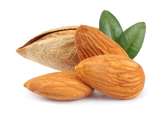 almond with green leaf isolated on white background