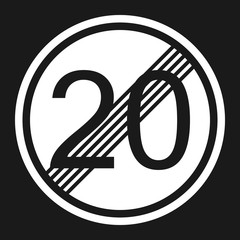 End maximum speed limit 20 sign flat icon, Traffic and road sign, vector graphics, a solid pattern on a black background, eps 10