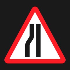 Road Narrows ahead sign flat icon, Traffic and road sign, vector graphics, a solid pattern on a black background, eps 10