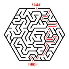 Hexagonal Maze Game background. Labyrinth with Entry and Exit. Vector Illustration.