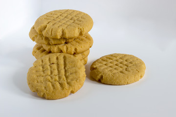 Homemade peanut butter cookies on white background