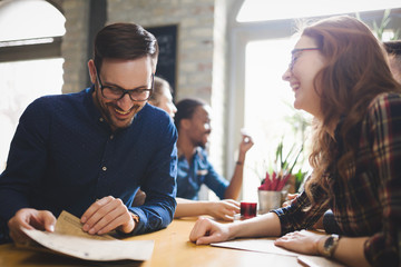 Couple eating out and dating in restaurant