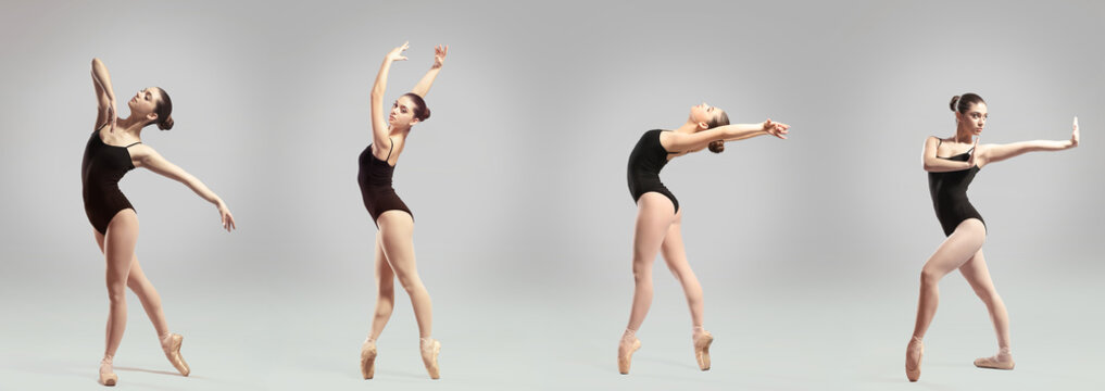Collage of beautiful ballet dancer on gray background
