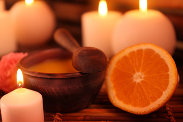 Beautiful spa setting with candles, closeup