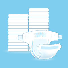 Stack of baby diapers and the open diaper in front. Absorbent diaper. Realistic vector illustration for kids production