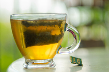 Green Tea in Glass Cup. Bokeh Background