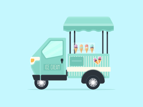 Small Ice Cream Truck with Ice Cream Cones. Flat Design Style. 