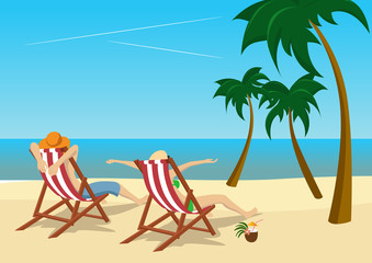 couple sitting in deck chairs on beach at tropical resort