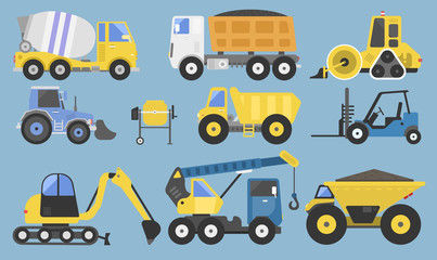Construction equipment and machinery with trucks crane bulldozer flat yellow transport vector illustration