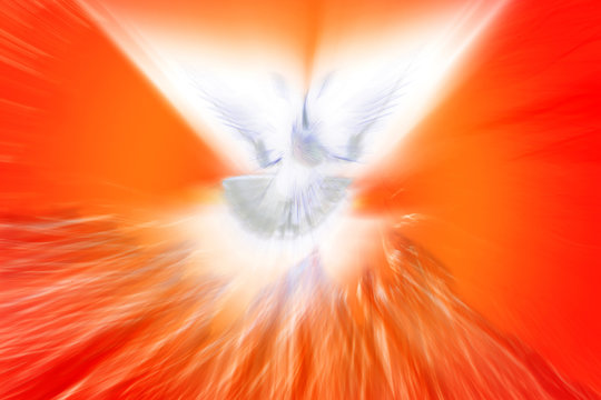Holy Spirit, Pentecost or Confirmation symbol with a dove, and bursting rays of flames or fire. Abstract modern religious digital illustration background