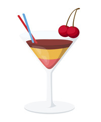 Tropical cocktails, juice, wine and champagne glass set. Various isolated cocktail glass with beverages sweet cherry drink