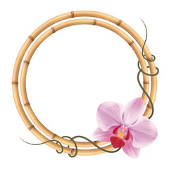 Реалистичная орхидея, круглая рамка из бамбука.
