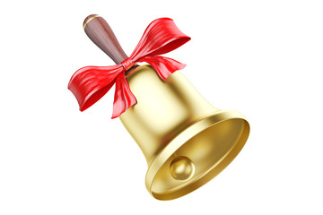 Gold school bell with red bow, 3D rendering