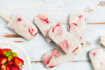 Vegan Strawberry Popsicles with Chia Seeds and Coconut Milk