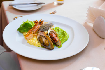 Seafood on a white plate. Mussels and shrimp with fish and green