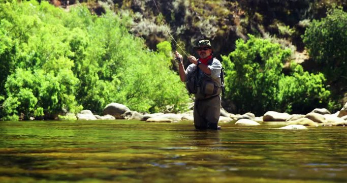 Fisherman fly fishing in river