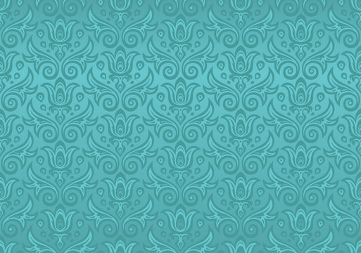 Seamless ornament in turquoise with flowers and drops