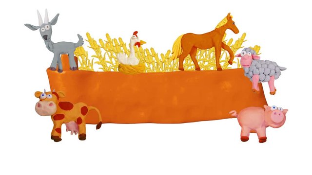 Orange ribbon with Plasticine Animals goat, pig, cow, chicken, sheep, horse. Background for farm. Alpha matte. Clay animation. 4K