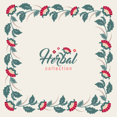 Floral square frame, Jacobean style flowers. Colorful herbal wreath. Vector illustration. Herbal collection, 