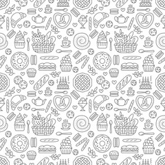 Bakery seamless pattern, food vector background of black white color. Confectionery products thin line icons - cake, croissant, muffin, pastry, cupcake, pie. Cute repeated illustration for sweet shop.