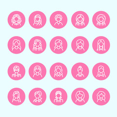 People line icons, business woman avatars. Outline symbols of female professions, secretary, manager, teacher, student. Young girls thin linear signs.