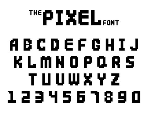 Pixel retro font video computer game design 8 bit letters numbers electronic futuristic style vector abc typeface digital creative alphabet isolated
