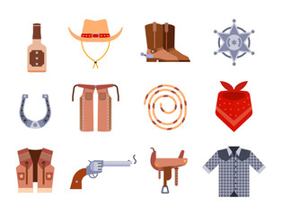Wild west elements set icons cowboy rodeo equipment and different accessories vector illustration.