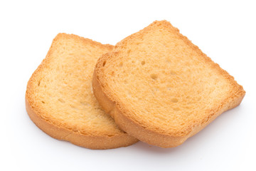 Slices of toast bread on wooden table, top view.