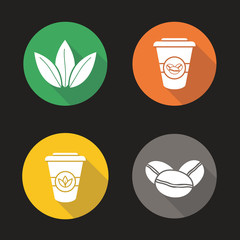 Tea and coffee flat design long shadow icons set