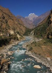 Fototapeta na wymiar Turquoise Kali Gandaki river. Annapurna Conservation Area, Nepal.