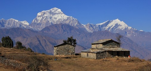 Old farmhouse and majestic mountain Dhaulagiri, Nepal.
