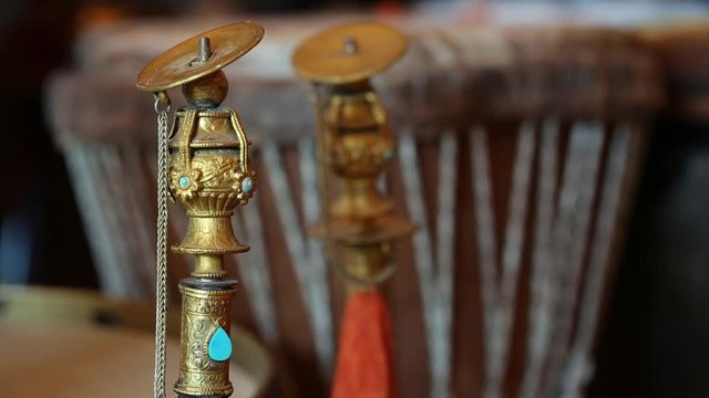music instruments - ceremonial tibetan flute and drum - closeup - focus