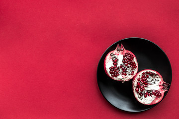 romantic dinner in red color with pomegranate top view mockup