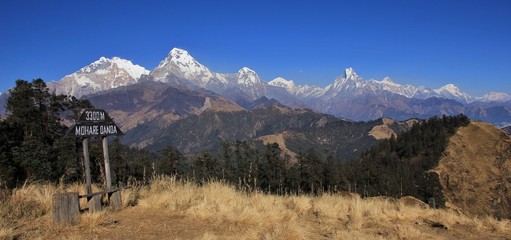 Annapurna range seen from Mohare Danda. Travel destination and view point in Nepal.