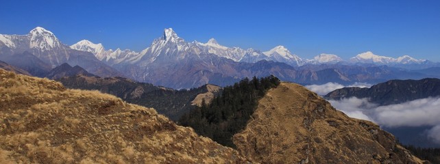 View from Mohare Danda. Mountains of the Annapurna range, Nepal. Hiun Chuli, Machapuchare, Lamjung Himal and Manaslu range.
