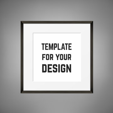 Square Blank framed poster on grey wall. Vector template