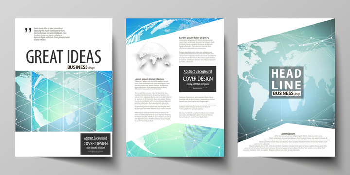 The vector illustration of editable layout of three A4 format modern covers design templates for brochure, magazine, flyer, booklet. Chemistry pattern, molecule structure, geometric design background.