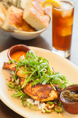 spit-roasted half chicken with bread and ice tea, , Convivo in the Santa Barbara Inn, Santa Barbara, California